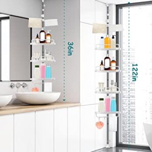 XLHOMO 36 to 122 Inch Corner Shower Caddy Tension Pole, Rustproof Drill-Free Shower Shelves for Bathroom, Shower Organizer with 4 Tier Adjustable Shelves Towel Bars