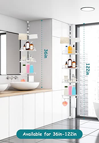 XLHOMO 36 to 122 Inch Corner Shower Caddy Tension Pole, Rustproof Drill-Free Shower Shelves for Bathroom, Shower Organizer with 4 Tier Adjustable Shelves Towel Bars