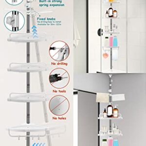 XLHOMO 36 to 122 Inch Corner Shower Caddy Tension Pole, Rustproof Drill-Free Shower Shelves for Bathroom, Shower Organizer with 4 Tier Adjustable Shelves Towel Bars