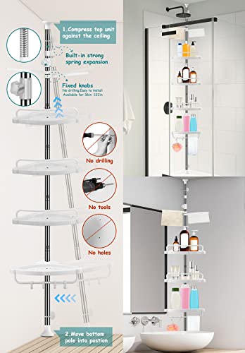 XLHOMO 36 to 122 Inch Corner Shower Caddy Tension Pole, Rustproof Drill-Free Shower Shelves for Bathroom, Shower Organizer with 4 Tier Adjustable Shelves Towel Bars