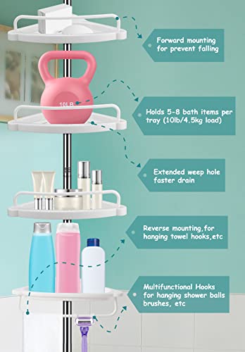 XLHOMO 36 to 122 Inch Corner Shower Caddy Tension Pole, Rustproof Drill-Free Shower Shelves for Bathroom, Shower Organizer with 4 Tier Adjustable Shelves Towel Bars