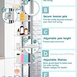 XLHOMO 36 to 122 Inch Corner Shower Caddy Tension Pole, Rustproof Drill-Free Shower Shelves for Bathroom, Shower Organizer with 4 Tier Adjustable Shelves Towel Bars