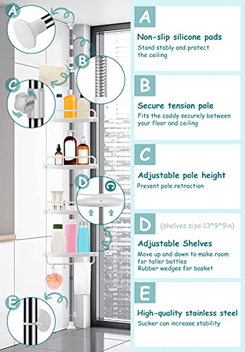 XLHOMO 36 to 122 Inch Corner Shower Caddy Tension Pole, Rustproof Drill-Free Shower Shelves for Bathroom, Shower Organizer with 4 Tier Adjustable Shelves Towel Bars