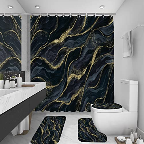 4Pcs Black Marble Shower Curtain Sets, Dark Grey Gold Wave Bathroom Curtain with Toilet Lid Cover, Contour Mat and Bath Rug, Abstract Luxury Night Ripple Marble Modern Bath Decor with 12 Hook, 72 x 72