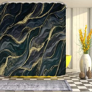 4Pcs Black Marble Shower Curtain Sets, Dark Grey Gold Wave Bathroom Curtain with Toilet Lid Cover, Contour Mat and Bath Rug, Abstract Luxury Night Ripple Marble Modern Bath Decor with 12 Hook, 72 x 72