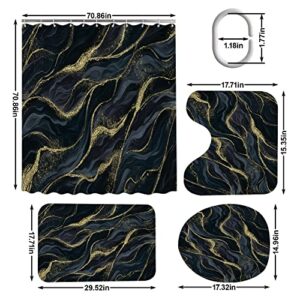 4Pcs Black Marble Shower Curtain Sets, Dark Grey Gold Wave Bathroom Curtain with Toilet Lid Cover, Contour Mat and Bath Rug, Abstract Luxury Night Ripple Marble Modern Bath Decor with 12 Hook, 72 x 72