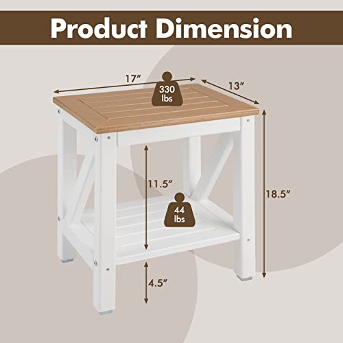 Giantex Shower Bench Waterproof HDPE - Shower Stool with Storage Shelf, Slatted Seat, Non-Slip Foot Pads, 2-Tier Plastic Spa Bath Step Shower Seat Footrest for Bathroom Indoor Outdoor (White & Brown)