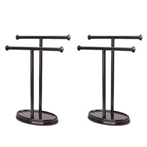 alucset 2 pack metal modern hand towel holder rack stand with base for bathroom kitchen vanity countertops to display and store small towels or washcloths, 2-sided (coffee, set of 2)