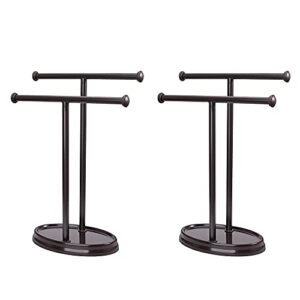 ALUCSET 2 Pack Metal Modern Hand Towel Holder Rack Stand with Base for Bathroom Kitchen Vanity Countertops to Display and Store Small Towels or Washcloths, 2-Sided (Coffee, Set of 2)