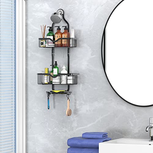 Kerisgo Hanging Shower Caddy, Over Head Shower Caddy Shower Organizer Rack with Soap Dish, Shower Storage Basket for Shampoo, Conditioner, Razors, Soap, Shower Sponge (Black)