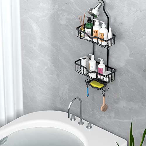 Kerisgo Hanging Shower Caddy, Over Head Shower Caddy Shower Organizer Rack with Soap Dish, Shower Storage Basket for Shampoo, Conditioner, Razors, Soap, Shower Sponge (Black)