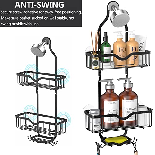 Kerisgo Hanging Shower Caddy, Over Head Shower Caddy Shower Organizer Rack with Soap Dish, Shower Storage Basket for Shampoo, Conditioner, Razors, Soap, Shower Sponge (Black)