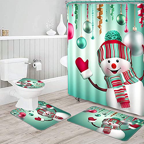 NEWSUYAA Christmas Shower Curtain for Bathroom, 4 PCS Merry Xmas Santa Claus Elk Snowman Bath Decor with Hooks 72x72 Inch (Dark Blue)