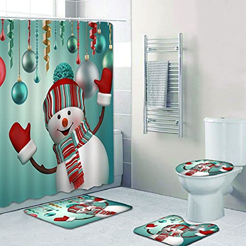 NEWSUYAA Christmas Shower Curtain for Bathroom, 4 PCS Merry Xmas Santa Claus Elk Snowman Bath Decor with Hooks 72x72 Inch (Dark Blue)