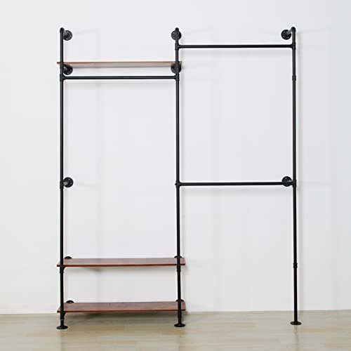 EDCB Clothes Rack Wall Mounted Clothing Rack Wood Garment Rack Hanging Clothes Rack, Heavy Duty Metal Garment Rack, Closet Hanger Rack with Shoe Rack (Black, 92.1X76.8inch)