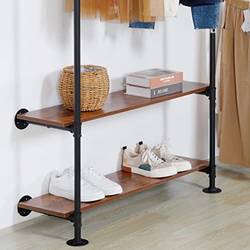 EDCB Clothes Rack Wall Mounted Clothing Rack Wood Garment Rack Hanging Clothes Rack, Heavy Duty Metal Garment Rack, Closet Hanger Rack with Shoe Rack (Black, 92.1X76.8inch)