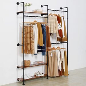 EDCB Clothes Rack Wall Mounted Clothing Rack Wood Garment Rack Hanging Clothes Rack, Heavy Duty Metal Garment Rack, Closet Hanger Rack with Shoe Rack (Black, 92.1X76.8inch)