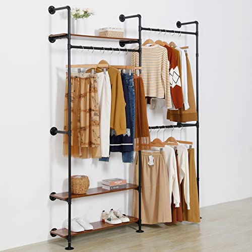 EDCB Clothes Rack Wall Mounted Clothing Rack Wood Garment Rack Hanging Clothes Rack, Heavy Duty Metal Garment Rack, Closet Hanger Rack with Shoe Rack (Black, 92.1X76.8inch)