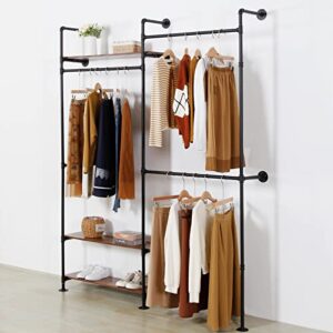 EDCB Clothes Rack Wall Mounted Clothing Rack Wood Garment Rack Hanging Clothes Rack, Heavy Duty Metal Garment Rack, Closet Hanger Rack with Shoe Rack (Black, 92.1X76.8inch)