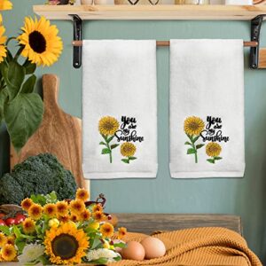 Hexagram Sunflower Hand Towels Set of 2-Embroidered Sunflower Kitchen Decor-100% Cotton Soft Luxury Decorative Hand Towel for Bathroom-Housewarming Gifts Sunflower Bathroom Towels 13.8 x 29.5 Inch