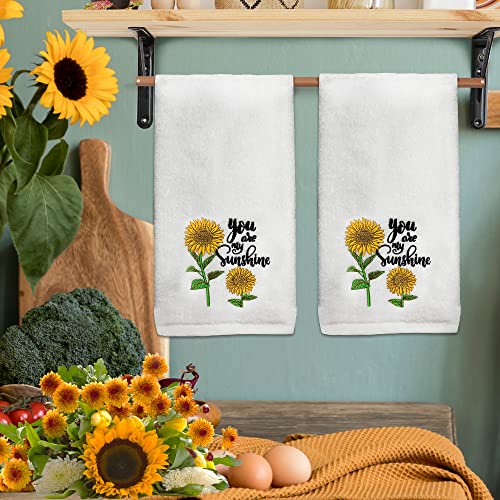 Hexagram Sunflower Hand Towels Set of 2-Embroidered Sunflower Kitchen Decor-100% Cotton Soft Luxury Decorative Hand Towel for Bathroom-Housewarming Gifts Sunflower Bathroom Towels 13.8 x 29.5 Inch