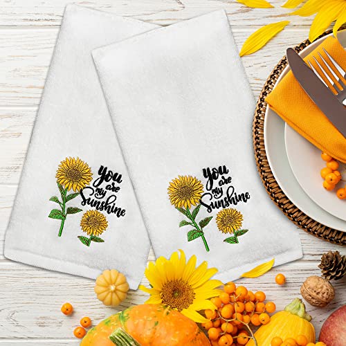 Hexagram Sunflower Hand Towels Set of 2-Embroidered Sunflower Kitchen Decor-100% Cotton Soft Luxury Decorative Hand Towel for Bathroom-Housewarming Gifts Sunflower Bathroom Towels 13.8 x 29.5 Inch