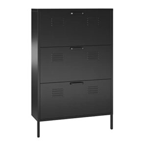 REALROOMS Shadwick 3 Door Locker Style Metal Shoe Storage Cabinet, Black