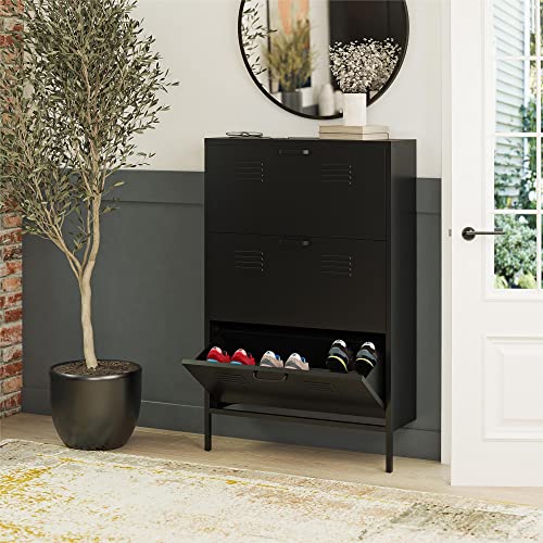 REALROOMS Shadwick 3 Door Locker Style Metal Shoe Storage Cabinet, Black