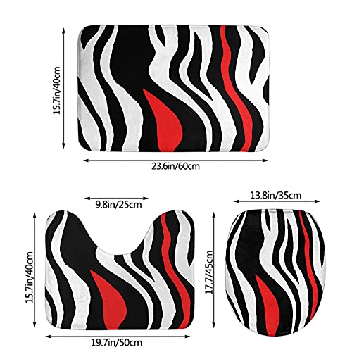 Wondertify Zebra Bathroom Antiskid Pad Animal Skin Tiger Stripes Black Red White Line 3 Pieces Bathroom Rugs Set, Bath Mat+Contour+Toilet Lid Cover Monochrome