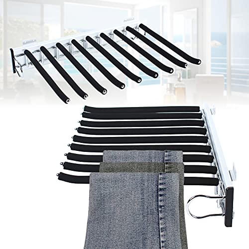 Pull Out Trousers Rack 9 Arms Closet Pants Hanger Bar Stainless Steel Hanger Rail Extendable Trousers Hanger for Clothes Towel Scarf Trousers Tie, 18.11x12.83in (Right Installation)