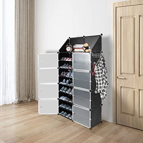 ALUPOM Shoe Rack Storage Organizer with Doors, 8 Tier Shoe Storage Cabinet with Side Hooks, Stackable 32 Pair Shoe for Entryway, Hallway, Small