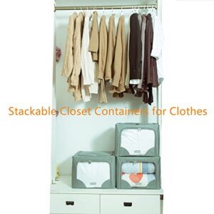 Tasmegol Stackable Steel Frame Clothes Storage Organizer Box Foldable Clear Window Closet Containers Oxford Cloth Clothing Bins for Sweater Bedding Blanket（Grey 2 Pack 40L）