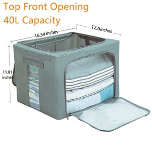 Tasmegol Stackable Steel Frame Clothes Storage Organizer Box Foldable Clear Window Closet Containers Oxford Cloth Clothing Bins for Sweater Bedding Blanket（Grey 2 Pack 40L）