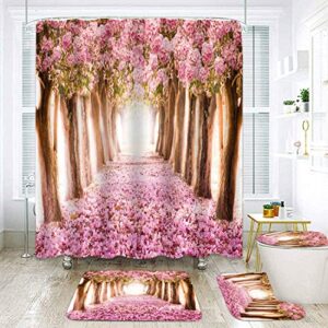 sddser pink cherry blossom shower curtain set, 4pcs sakura forest bathroom sets with shower curtain and bath mat, toilet lid cover and u shaped rugs, 71" x 72" bathtub curtain with hooks, setpysd7