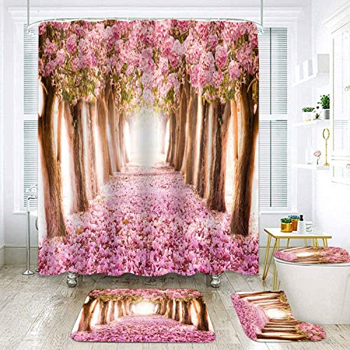 SDDSER Pink Cherry Blossom Shower Curtain Set, 4PCS Sakura Forest Bathroom Sets with Shower Curtain and Bath Mat, Toilet Lid Cover and U Shaped Rugs, 71" x 72" Bathtub Curtain with Hooks, SETPYSD7