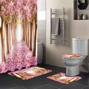 SDDSER Pink Cherry Blossom Shower Curtain Set, 4PCS Sakura Forest Bathroom Sets with Shower Curtain and Bath Mat, Toilet Lid Cover and U Shaped Rugs, 71" x 72" Bathtub Curtain with Hooks, SETPYSD7