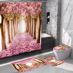 SDDSER Pink Cherry Blossom Shower Curtain Set, 4PCS Sakura Forest Bathroom Sets with Shower Curtain and Bath Mat, Toilet Lid Cover and U Shaped Rugs, 71" x 72" Bathtub Curtain with Hooks, SETPYSD7