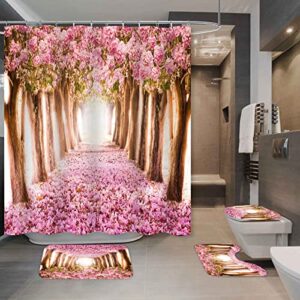 SDDSER Pink Cherry Blossom Shower Curtain Set, 4PCS Sakura Forest Bathroom Sets with Shower Curtain and Bath Mat, Toilet Lid Cover and U Shaped Rugs, 71" x 72" Bathtub Curtain with Hooks, SETPYSD7