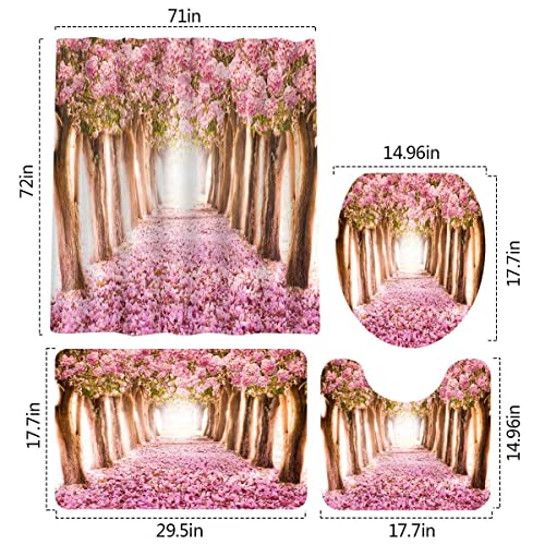 SDDSER Pink Cherry Blossom Shower Curtain Set, 4PCS Sakura Forest Bathroom Sets with Shower Curtain and Bath Mat, Toilet Lid Cover and U Shaped Rugs, 71" x 72" Bathtub Curtain with Hooks, SETPYSD7