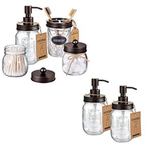 Amolliar 4PCS & 2pcs Bronze Mason Jar Bathroom Accessories Set-3pcs Lotion Soap Dispenser & 2pcs Cotton Swab Holder &1pcs Toothbrush Holder,Waterproof Stickers,Rustic Farmhouse Decor