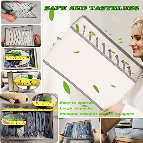 2 Pack Upgraded Utility Jeans Organizer for Closet with Handle, 9 Grids White Washable Clothing Compartment Storage Box, Thicken Fabric Foldable Wardrobe Clothes Organizer Pants Tshirt Sweaters