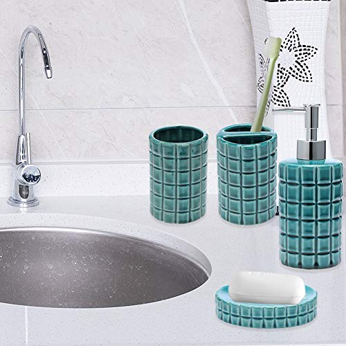 JOTOM Ceramic Bath Accessory Set,Luxury Bathroom Accessories Set - 4 Pieces with Decorative Hand Sanitizer Bottle,Toothbrush Cup,Toothbrush Holder,Soap Dish (Dark Green Square Lattice)