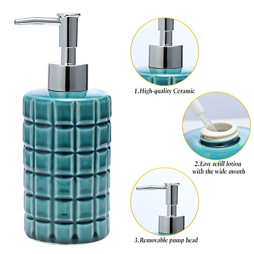 JOTOM Ceramic Bath Accessory Set,Luxury Bathroom Accessories Set - 4 Pieces with Decorative Hand Sanitizer Bottle,Toothbrush Cup,Toothbrush Holder,Soap Dish (Dark Green Square Lattice)