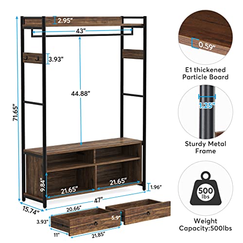 Tribesigns 72 inches Freestanding Clothes Rack with Drawers and shelves,Industrial Closet Organizer with Shelf and Hooks,Heavy Duty Garment Clothing Rack for hanging clothes,Bedroom(Rustic Brown)