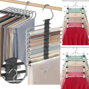 2 pack upgrade 9 layers pants jeans hangers space saving+2 pack skirt hangers stainless steel multifunctional clothes pant rack dorm room essentials closet hanger organizer for pants trousers skirts
