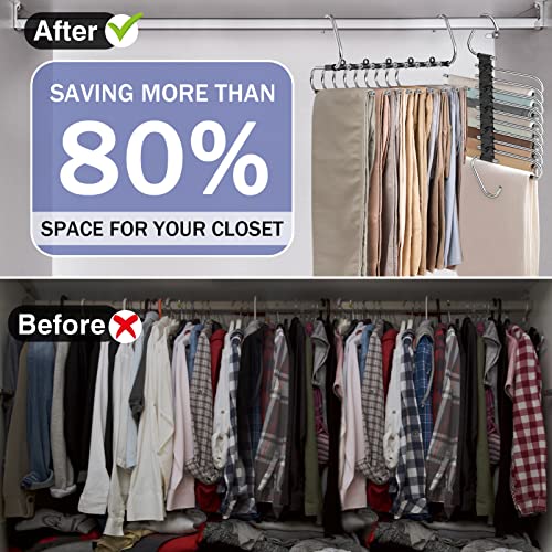 2 Pack Upgrade 9 Layers Pants Jeans Hangers Space Saving+2 Pack Skirt Hangers Stainless Steel Multifunctional Clothes Pant Rack Dorm Room Essentials Closet Hanger Organizer for Pants Trousers Skirts