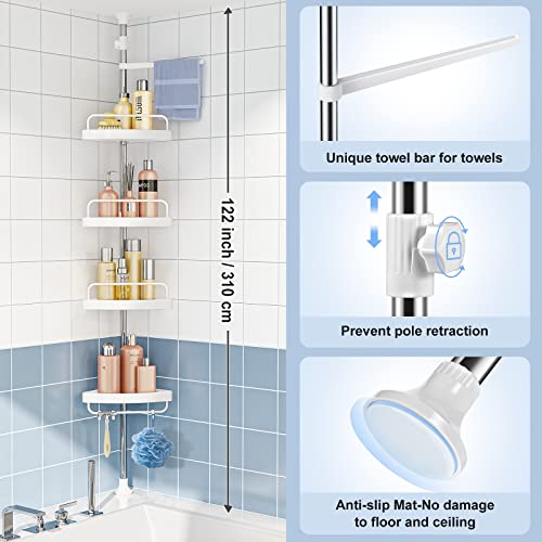 Corner Shower Caddy Tension Pole: Rust Proof 4Tier Shampoo Storage Organizer for Inside Shower - Telescoping Rod Shower Rack for Bathroom and Bathtub - Restroom Floor Standing Bath Rack Holder