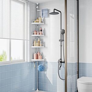 Corner Shower Caddy Tension Pole: Rust Proof 4Tier Shampoo Storage Organizer for Inside Shower - Telescoping Rod Shower Rack for Bathroom and Bathtub - Restroom Floor Standing Bath Rack Holder