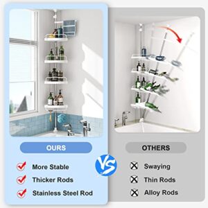 Corner Shower Caddy Tension Pole: Rust Proof 4Tier Shampoo Storage Organizer for Inside Shower - Telescoping Rod Shower Rack for Bathroom and Bathtub - Restroom Floor Standing Bath Rack Holder