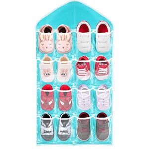 baby hanging shoe organizers,16 pockets over the door shoe organizer for kids,clear over wall hanging closet storage bag for infant socks, toys, jewelry accessories(5 pack,5 colors) 28.7"x16.5"